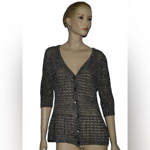 DKNY JEANS SZ L LARGE BLACK WHITE KNIT 3/4 SLEEVE CARDIGAN SWEATER BUTTON UP